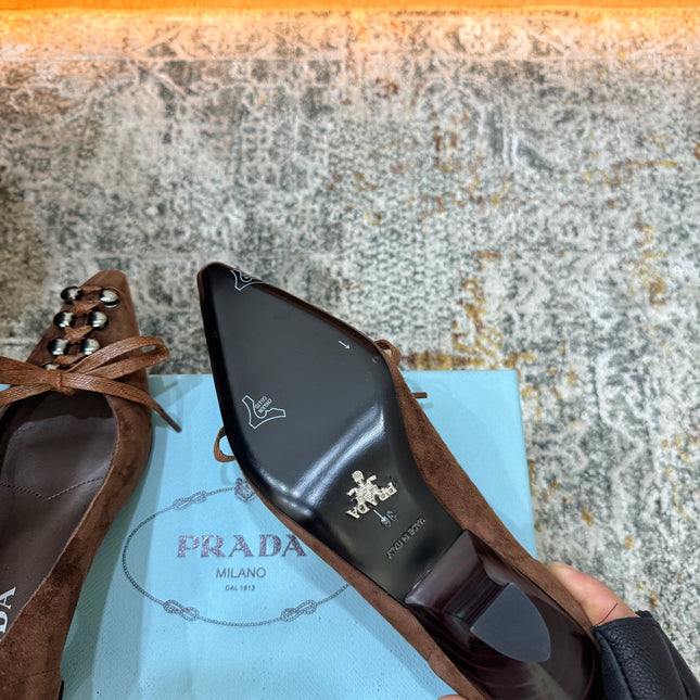 PRADA 26S POINTED TOE LACE UP STUDDED PUMPS 55MM IN DARK BROWN SUEDE