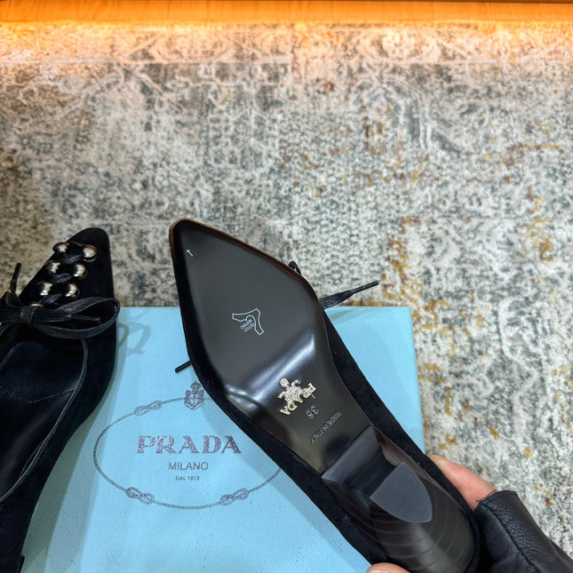 PRADA 26S POINTED TOE LACE UP STUDDED PUMPS 55MM IN BLACK CALFSKIN