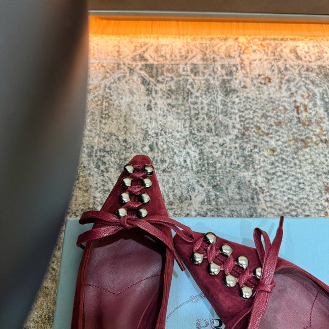 PRADA 26S POINTED TOE LACE UP STUDDED PUMPS 55MM IN BURGUNDY RED SUEDE