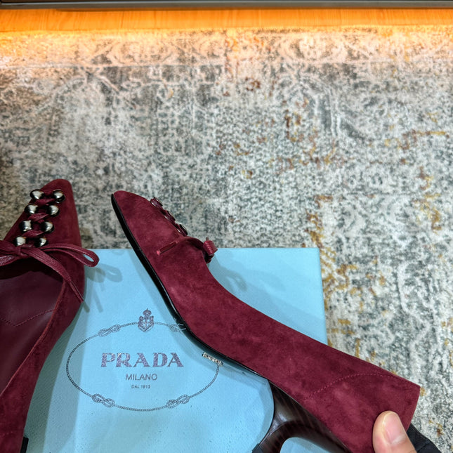 PRADA 26S POINTED TOE LACE UP STUDDED PUMPS 55MM IN BURGUNDY RED SUEDE