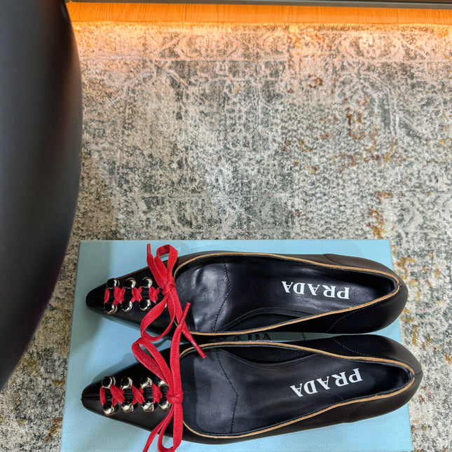 PRADA 26S  LACE UP STUDDED PUMPS 55MM IN BLACK CALFSKIN WITH RED LACES
