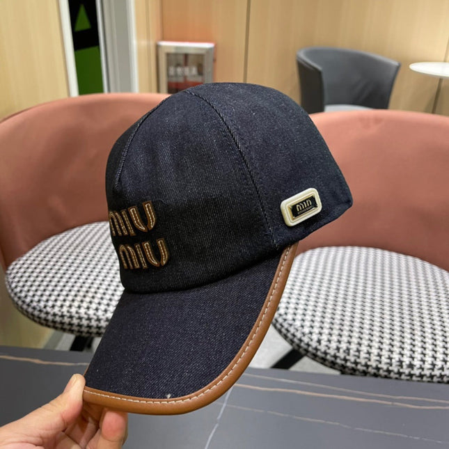 MIUMIU BASEBALL CAP IN NAVY BLUE DENIM AND CALFSKIN