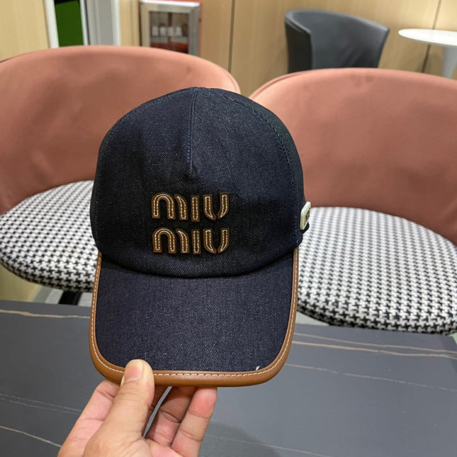 MIUMIU BASEBALL CAP IN NAVY BLUE DENIM AND CALFSKIN