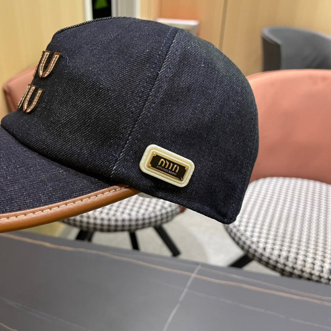 MIUMIU BASEBALL CAP IN NAVY BLUE DENIM AND CALFSKIN