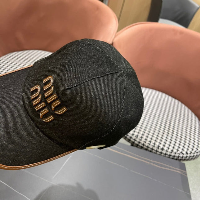 MIUMIU BASEBALL CAP IN BLACK DENIM AND CALFSKIN