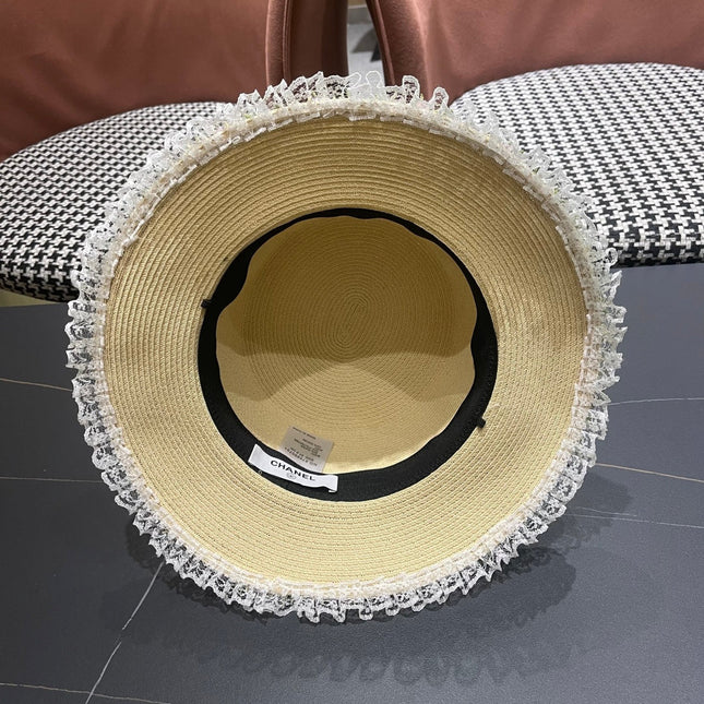 CHANEL 26S LACE & FLORAL TRIM STRAW HAT 337939