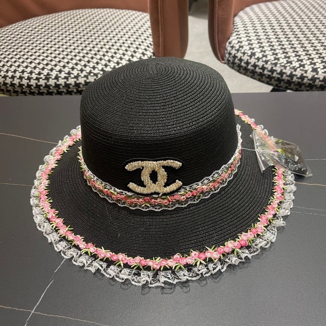 CHANEL 26S LACE & FLORAL TRIM STRAW HAT 337938