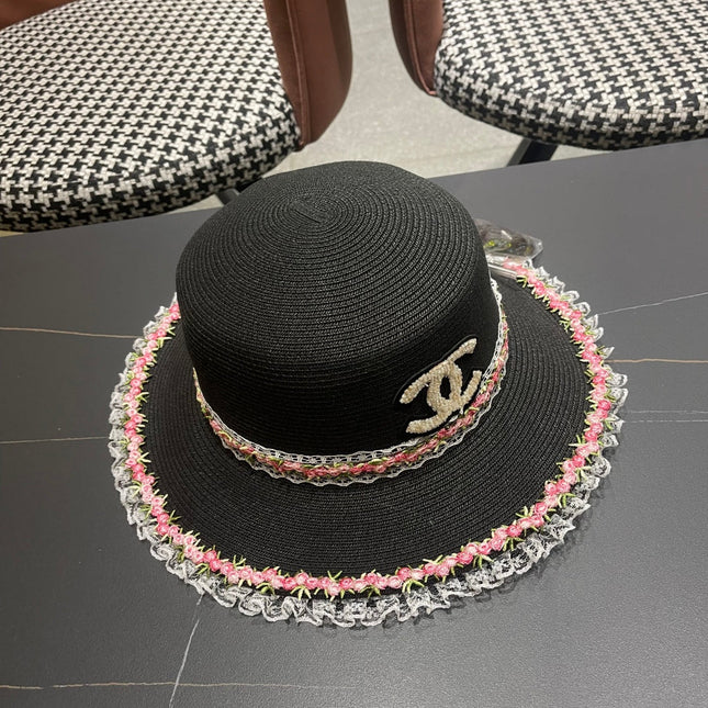 CHANEL 26S LACE & FLORAL TRIM STRAW HAT 337938