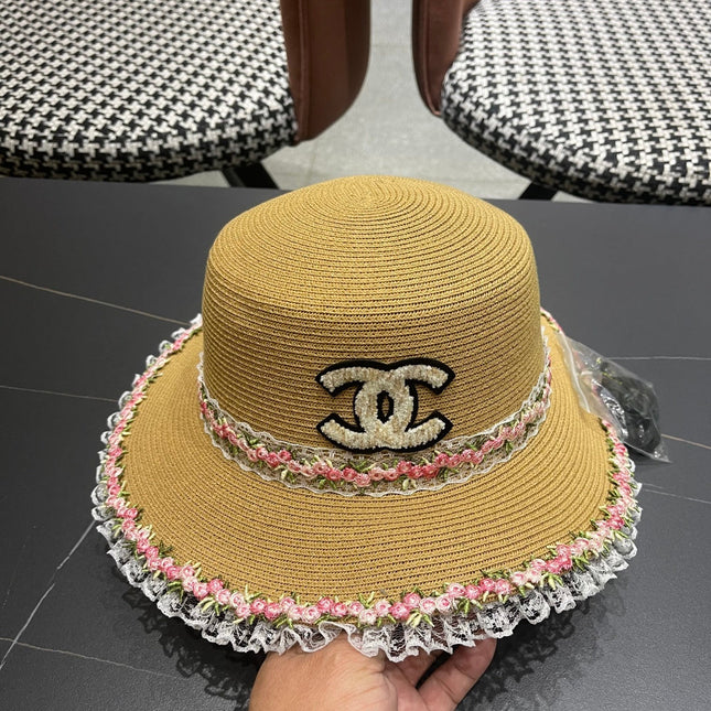 CHANEL 26S LACE & FLORAL TRIM STRAW HAT 337937
