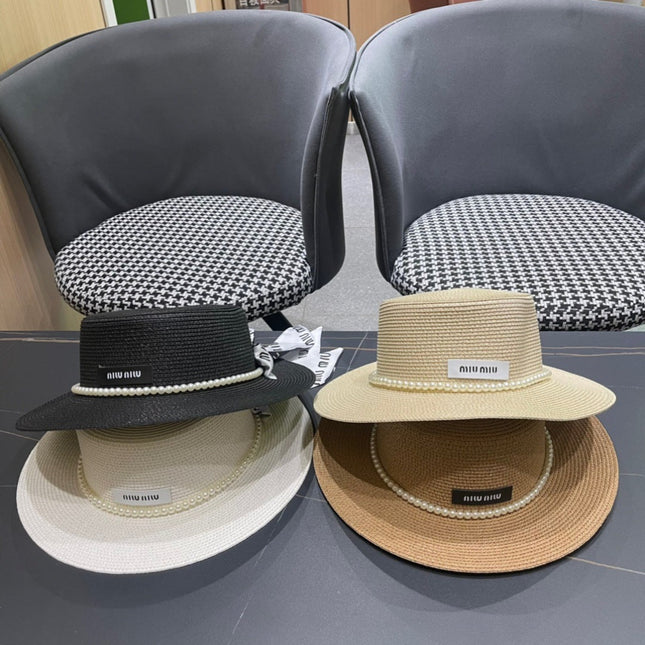 MIUMIU SMALL-BRIM STRAW HAT IN BEIGE AND PEARL EMBELLISHED