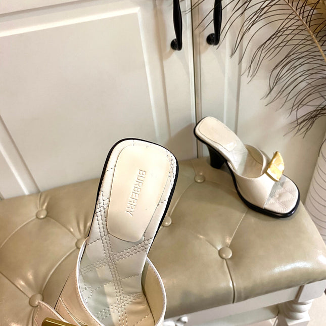 BURBERRY 26S HEELED SANDALS 100 MM IN CREAM WHITE CALFSKIN
