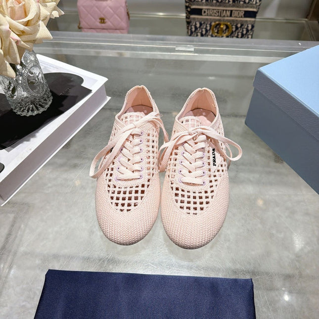 PRADA 26S LACE UP OPENWORK KNIT SNEAKERS IN BLUSH PINK KNIT FABRIC