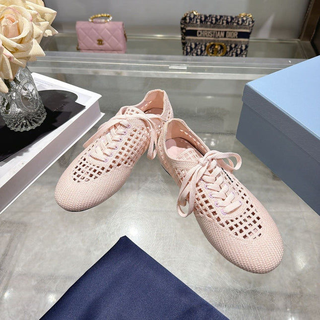 PRADA 26S LACE UP OPENWORK KNIT SNEAKERS IN BLUSH PINK KNIT FABRIC