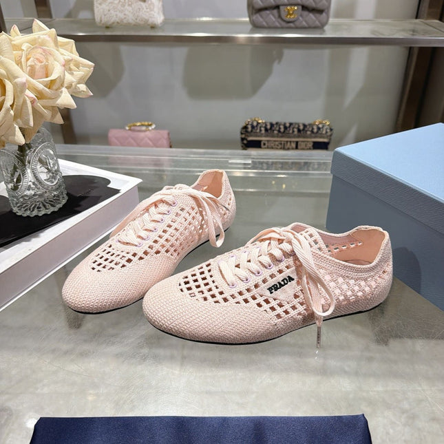 PRADA 26S LACE UP OPENWORK KNIT SNEAKERS IN BLUSH PINK KNIT FABRIC