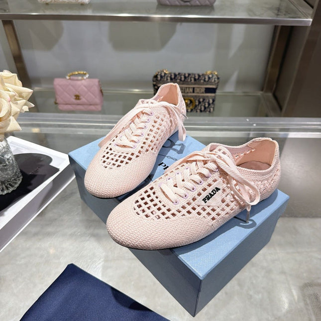 PRADA 26S LACE UP OPENWORK KNIT SNEAKERS IN BLUSH PINK KNIT FABRIC