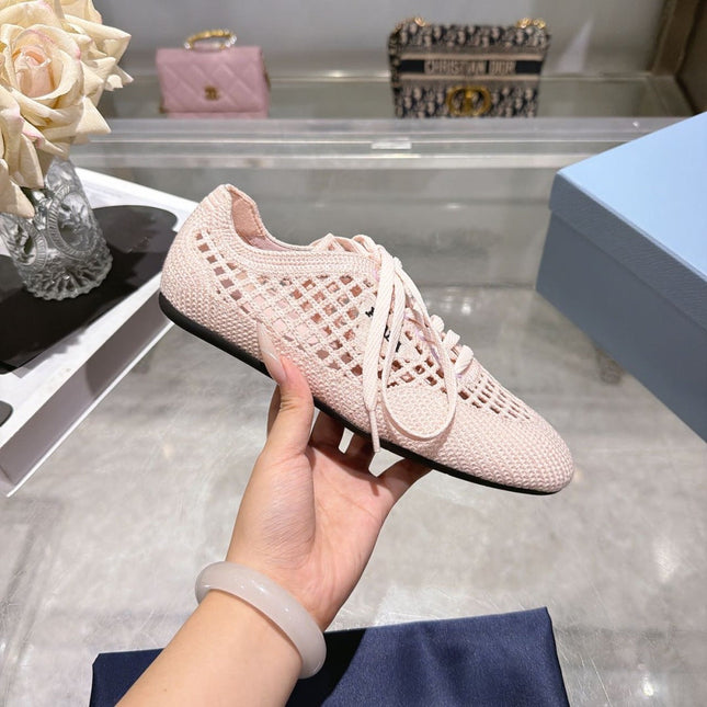 PRADA 26S LACE UP OPENWORK KNIT SNEAKERS IN BLUSH PINK KNIT FABRIC