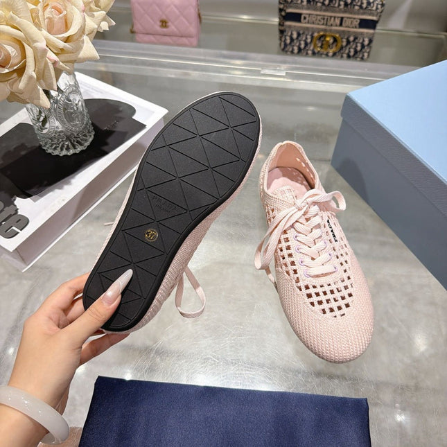 PRADA 26S LACE UP OPENWORK KNIT SNEAKERS IN BLUSH PINK KNIT FABRIC