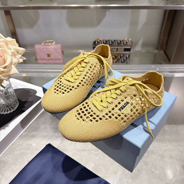 PRADA 26S LACE UP OPENWORK KNIT SNEAKERS IN YELLOW BEIGE KNIT FABRIC