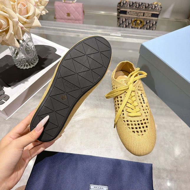 PRADA 26S LACE UP OPENWORK KNIT SNEAKERS IN YELLOW BEIGE KNIT FABRIC