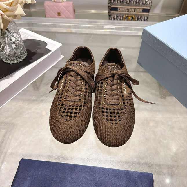 PRADA 26S LACE UP OPENWORK KNIT SNEAKERS IN DARK BROWN KNIT FABRIC