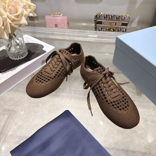 PRADA 26S LACE UP OPENWORK KNIT SNEAKERS IN DARK BROWN KNIT FABRIC