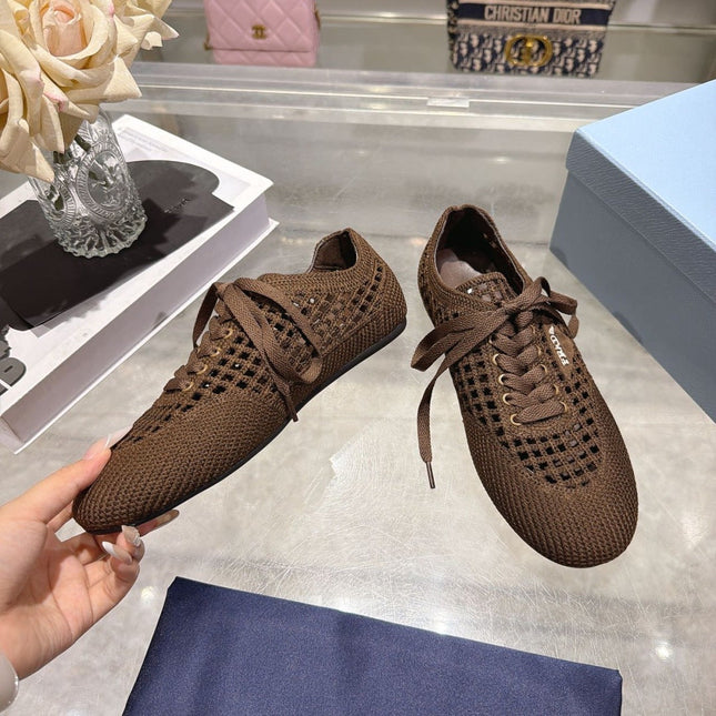 PRADA 26S LACE UP OPENWORK KNIT SNEAKERS IN DARK BROWN KNIT FABRIC