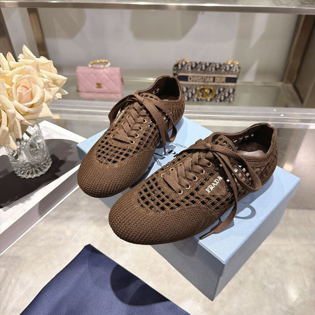 PRADA 26S LACE UP OPENWORK KNIT SNEAKERS IN DARK BROWN KNIT FABRIC