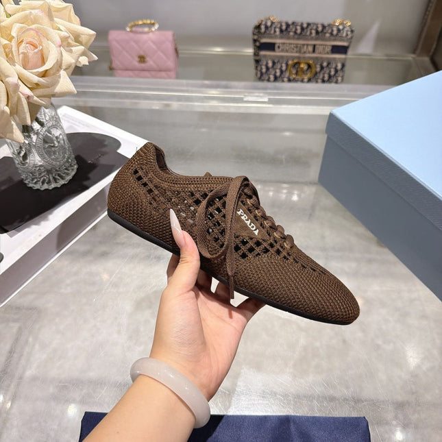 PRADA 26S LACE UP OPENWORK KNIT SNEAKERS IN DARK BROWN KNIT FABRIC