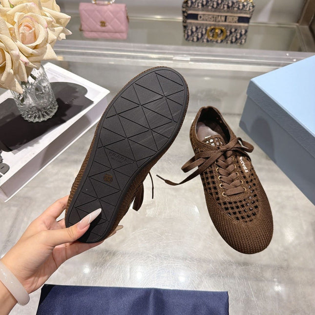 PRADA 26S LACE UP OPENWORK KNIT SNEAKERS IN DARK BROWN KNIT FABRIC
