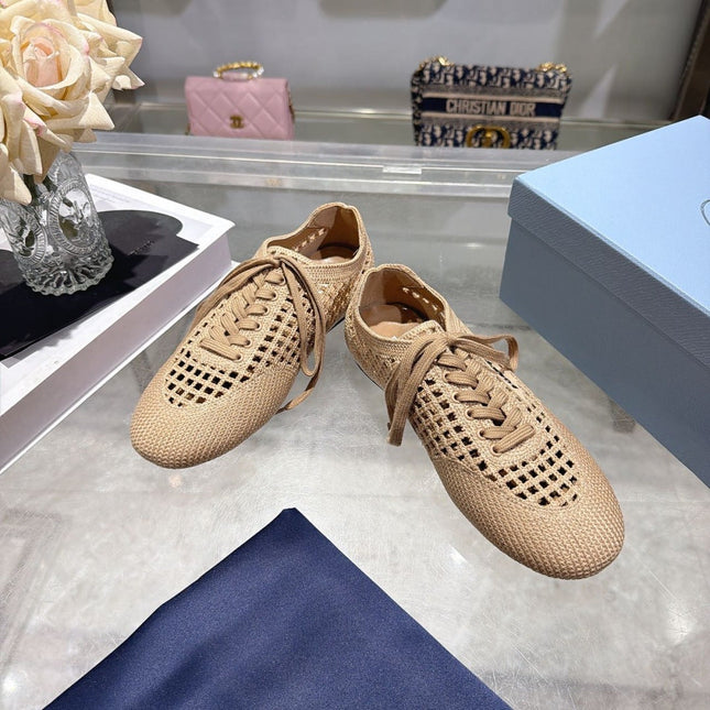 PRADA 26S LACE UP OPENWORK KNIT SNEAKERS IN BEIGE KNIT FABRIC