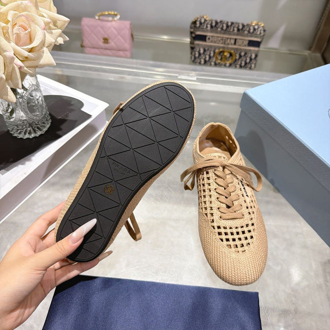 PRADA 26S LACE UP OPENWORK KNIT SNEAKERS IN BEIGE KNIT FABRIC