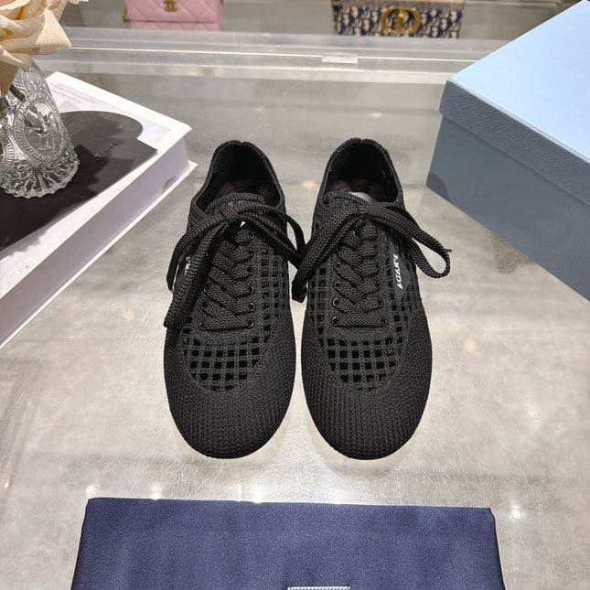 PRADA 26S LACE UP OPENWORK KNIT SNEAKERS IN BLACK KNIT FABRIC