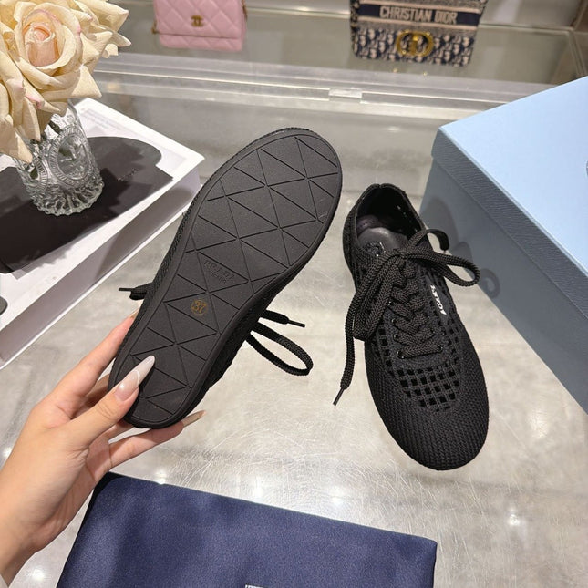 PRADA 26S LACE UP OPENWORK KNIT SNEAKERS IN BLACK KNIT FABRIC