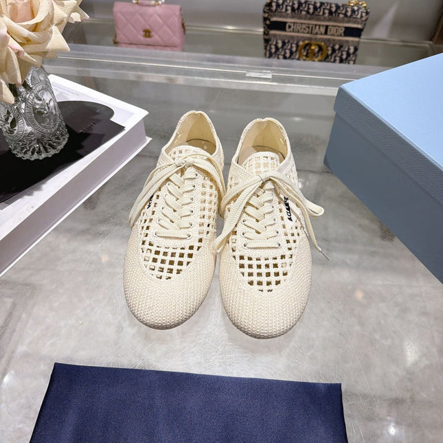 PRADA 26S LACE UP OPENWORK KNIT SNEAKERS IN IVORY WHITE KNIT FABRIC