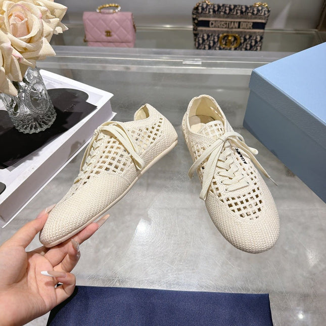 PRADA 26S LACE UP OPENWORK KNIT SNEAKERS IN IVORY WHITE KNIT FABRIC