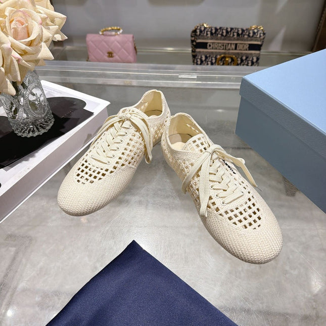PRADA 26S LACE UP OPENWORK KNIT SNEAKERS IN IVORY WHITE KNIT FABRIC