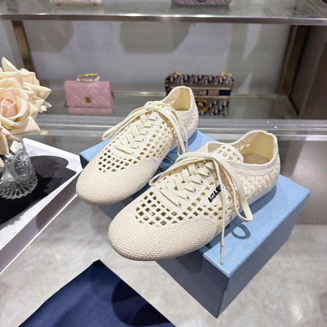 PRADA 26S LACE UP OPENWORK KNIT SNEAKERS IN IVORY WHITE KNIT FABRIC