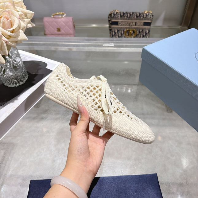 PRADA 26S LACE UP OPENWORK KNIT SNEAKERS IN IVORY WHITE KNIT FABRIC