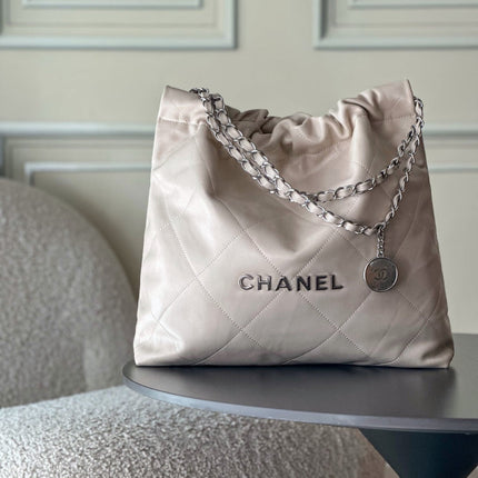 CHANEL 26S 22 BAG 42 IN LIGHT BEIGE QUILTED SHINY CALFSKIN