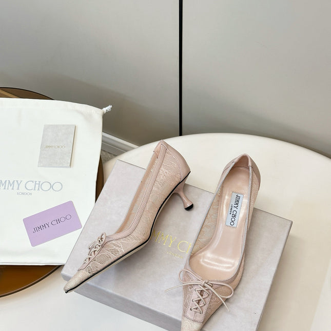 JIMMY CHOO 26S LACE-UP HEELS IN LIGHT NUDE PINK LACE AND LAMBSKIN