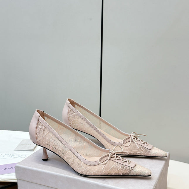 JIMMY CHOO 26S LACE-UP HEELS IN LIGHT NUDE PINK LACE AND LAMBSKIN