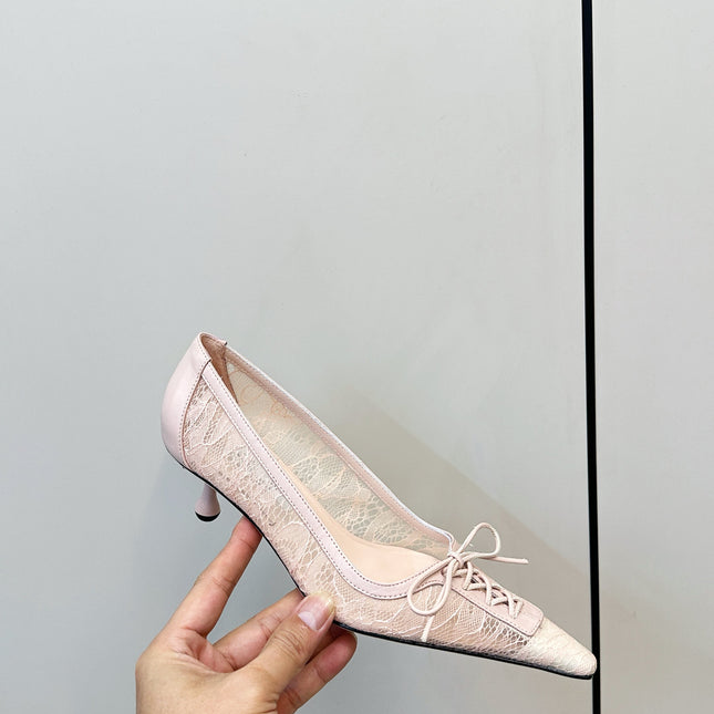 JIMMY CHOO 26S LACE-UP HEELS IN LIGHT NUDE PINK LACE AND LAMBSKIN