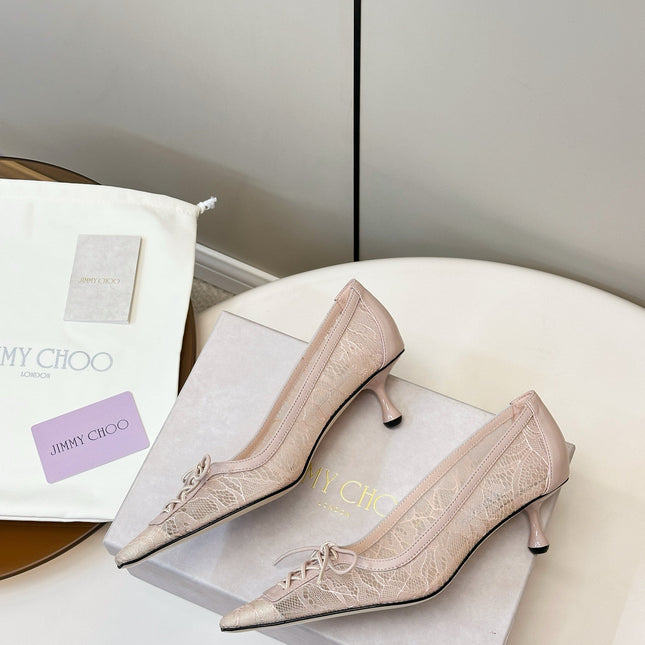 JIMMY CHOO 26S LACE-UP HEELS IN LIGHT NUDE PINK LACE AND LAMBSKIN