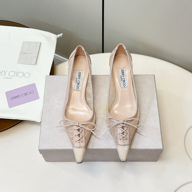 JIMMY CHOO 26S LACE-UP HEELS IN LIGHT NUDE PINK LACE AND LAMBSKIN