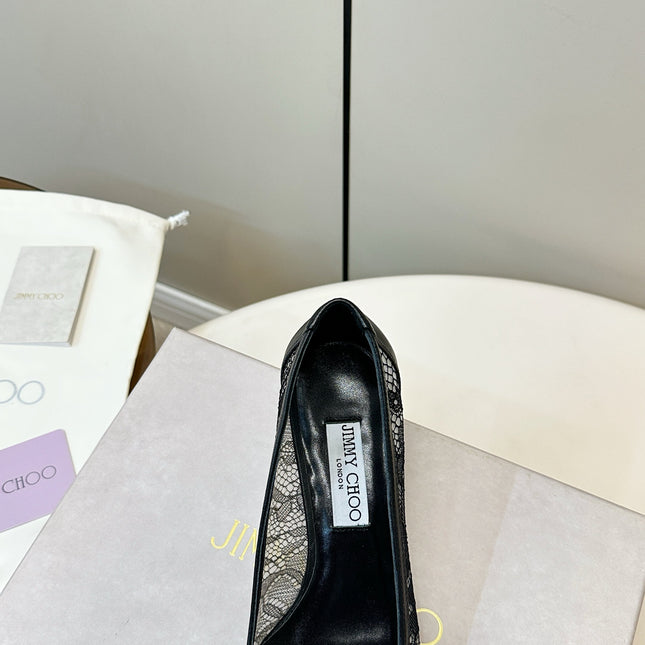 JIMMY CHOO 26S LACE-UP HEELS IN BLACK LACE AND LAMBSKIN