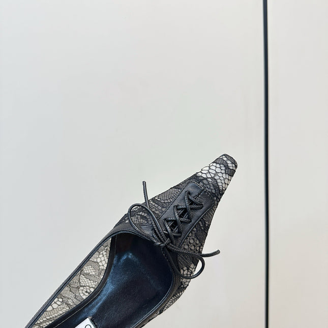 JIMMY CHOO 26S LACE-UP HEELS IN BLACK LACE AND LAMBSKIN