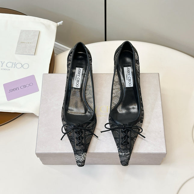 JIMMY CHOO 26S LACE-UP HEELS IN BLACK LACE AND LAMBSKIN