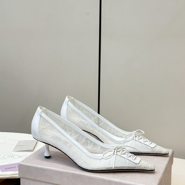 JIMMY CHOO 26S LACE-UP HEELS IN WHITE LACE AND LAMBSKIN