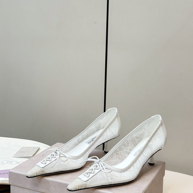 JIMMY CHOO 26S LACE-UP HEELS IN WHITE LACE AND LAMBSKIN
