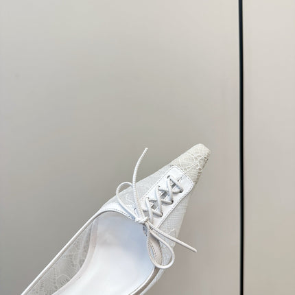 JIMMY CHOO 26S LACE-UP HEELS IN WHITE LACE AND LAMBSKIN
